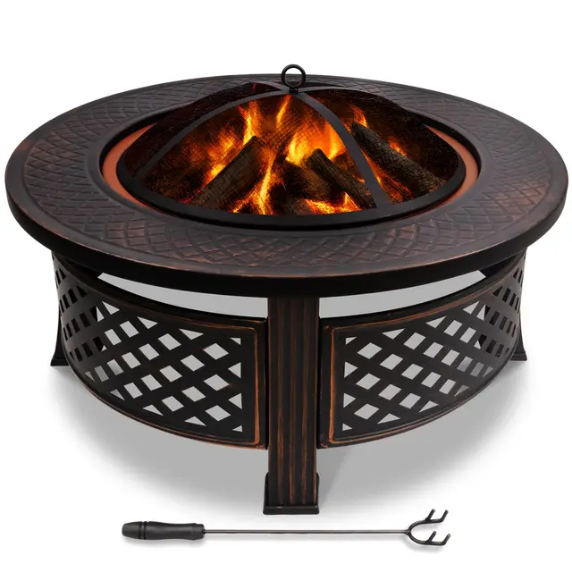 VOUNOT® Brasero Extérieur Ø81cm en Métal avec Pare Étincelles Couvercle et Tisonnier Chauffage de Jardin Terrasse Foyer Rond Noir