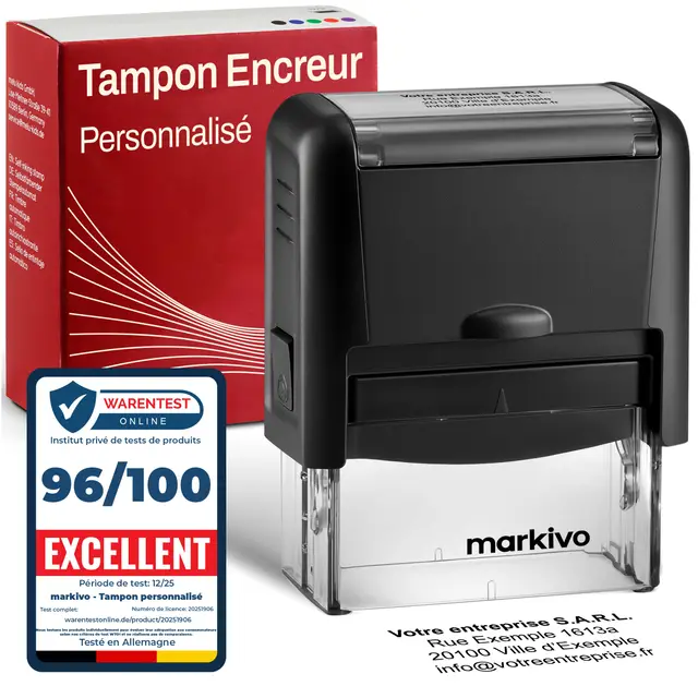 Tampon Encreur Personnalisable Professionnel – Pour Entreprises, Bureaux et Médecins – Tampon Personnalisé avec Texte, Nom, Adresse – 38x14 mm, max. 4 lignes, Noir (S)