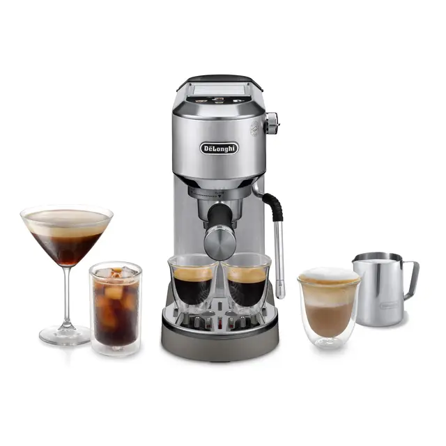 De'Longhi Dedica Duo EC890.M Barista Machine à café avec pompe, expresso et infusion à froid, machine à café manuelle avec tige à vapeur LatteArt, 15 cm de large, 2 expresso, écran tactile, tasse