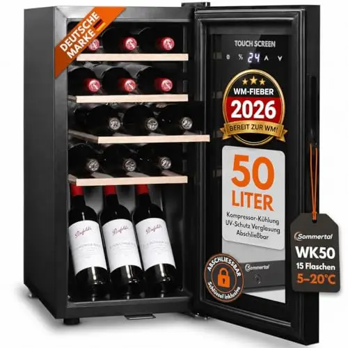 Sommertal WK50 - Réfrigérateur à vin avec porte en verre (15 bouteilles, 5 – 20 ºC, réglable, avec serrure, éclairage LED, porte en verre, écran tactile, 4 étagères en bois, silencieux, économie