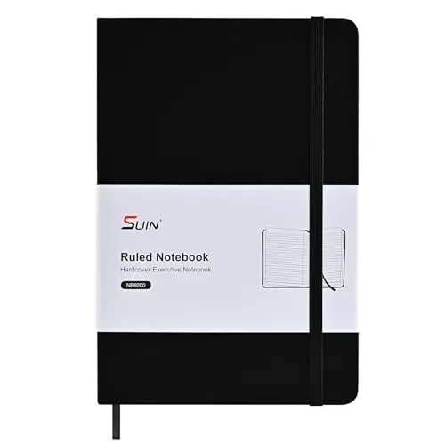 SUIN Carnet professionnel ligné à couverture rigide pour le travail, papier de soin des yeux 100 g/m², couverture en cuir synthétique, journal A5 pour le travail, l'école et la prise de notes, noir