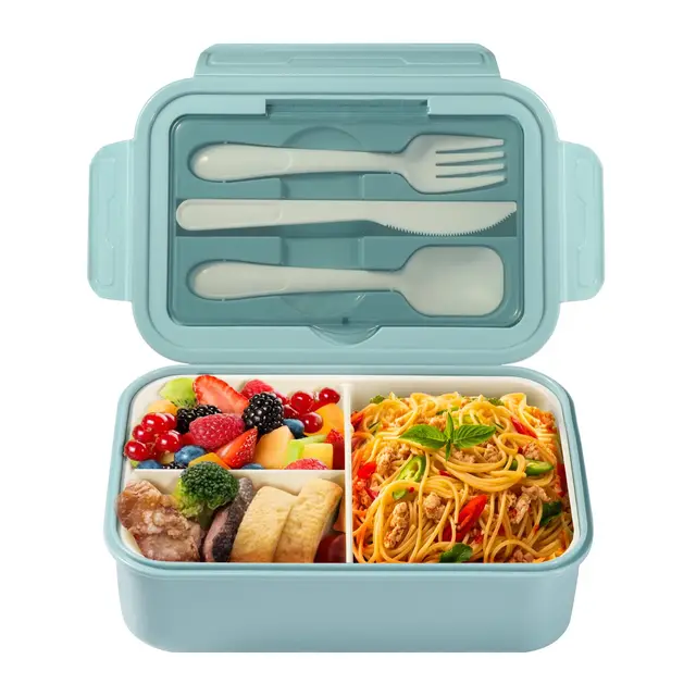 Diboniur Lunch Box, Bento Lunch Box Enfant Adulte Boîte 1400ml avec 3 Compartiments, Conception Sans Fuite Lunchbox avec Couverts, pour Micro-onde Lave-vaisselle, École Pique Nique Travail (Bleu)