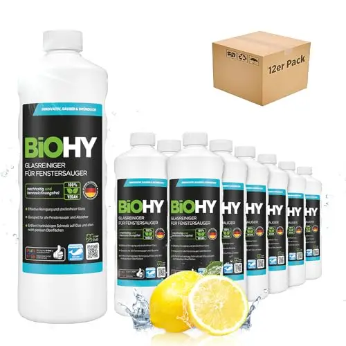 BiOHY Nettoyeur de vitres pour aspirateurs de vitres (12 x 1l Bouteille) | brillant éclatant sur toutes les surfaces | pour un nettoyage sans traces (Fenstersauger)