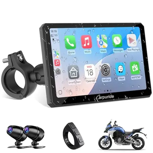 Carpuride W712D Moto Carplay Écran avec 1080P HD Doubles Caméras, sans Fil CarPlay et Android Auto, 7" Étanche Écran Tactile, BT Audio, Filaire Contrôleur, Boucle Enregistrement, Navigation.