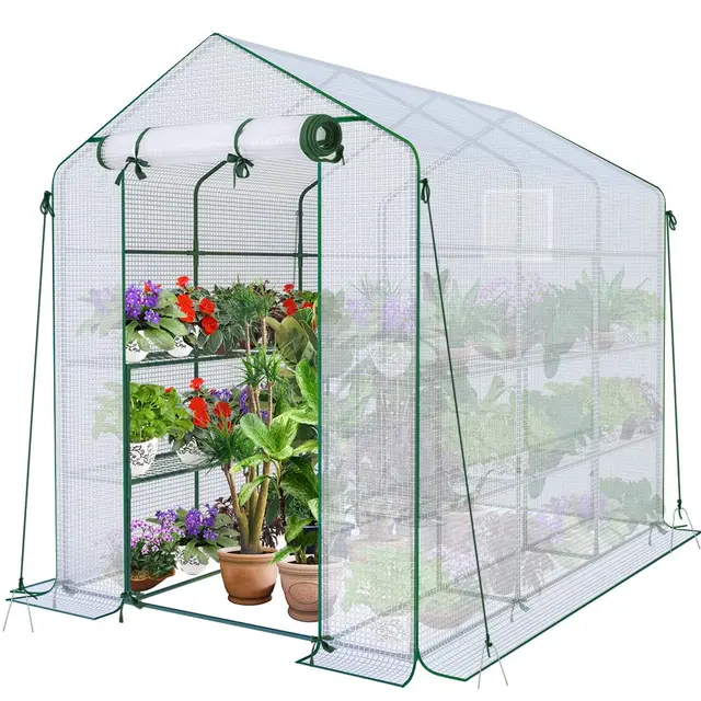 VOUNOT® Serre de Jardin PE avec Étagères 3 Niveaux Serre de Jardin pour Légumes Plantes Fleurs Bâche Renforcée 135g/m2 Protéger Vos Plantes en Toutes Saisons 143x215x195cm
