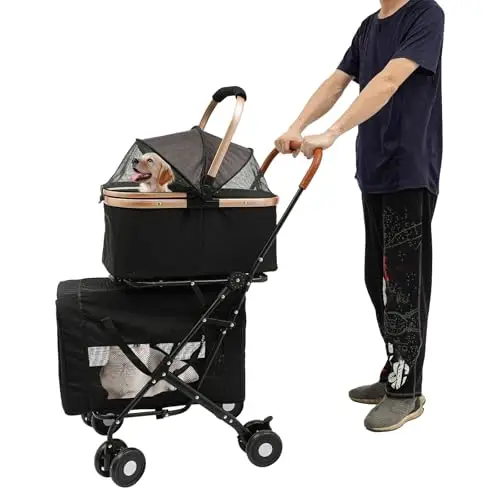 Poussette pliable 3 en 1 pour chien - 2 étages - Avec auvent réglable, fenêtre en maille et poches - Sac de transport amovible - Pour chats et chiens jusqu'à 35 kg