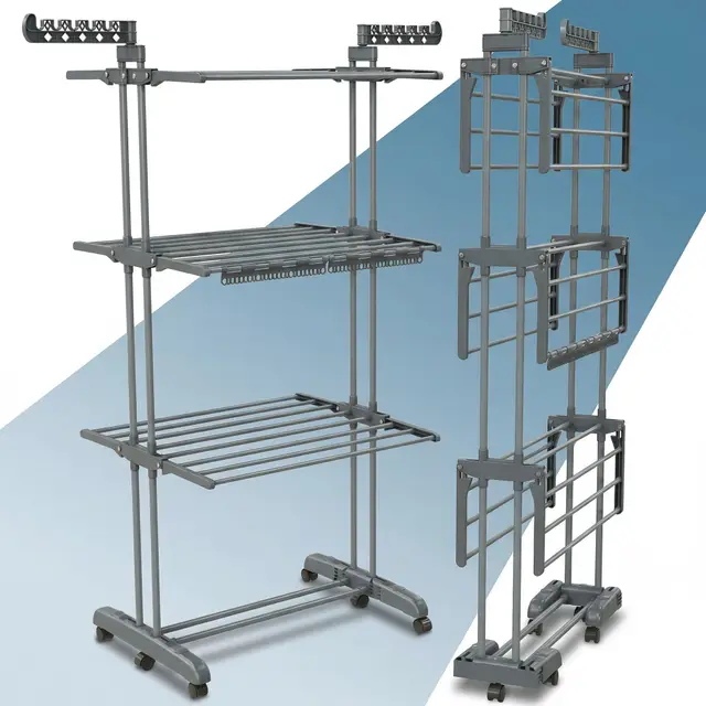 PORTENTUM Etendoir Linge Interieur et Exterieur Pliable avec 4 Niveaux et 24 Barres de séchage – Jusqu’à 40 kg – Seche Linge avec 2 Accessoires pour Chaussettes – roulettes pivotantes avec Frein