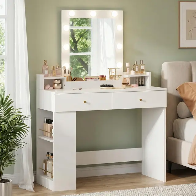 RALGEND Coiffeuse avec Miroir et Éclairage LED, Table de Maquillage, 9 Boules Lumineuses, 3 Couleurs, Rangement Latéral, Table de Toilette avec 2 Tiroirs et des Compartiments Ouverts, Blanc