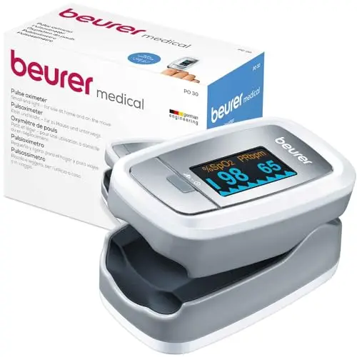 Beurer PO 30 - Oxymètre de pouls digital professionnel pour la mesure de la saturation en oxygène dans le sang et le pouls, 61 x 36 x 32 mm, 57 gr, blanc et argent