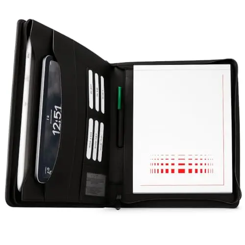 Porte-documents A4 en cuir de vachette véritable - Porte-documents d'affaires et conférencier avec fermeture éclair, bloc-notes, emplacements pour cartes et compartiments à documents - Porte-documents