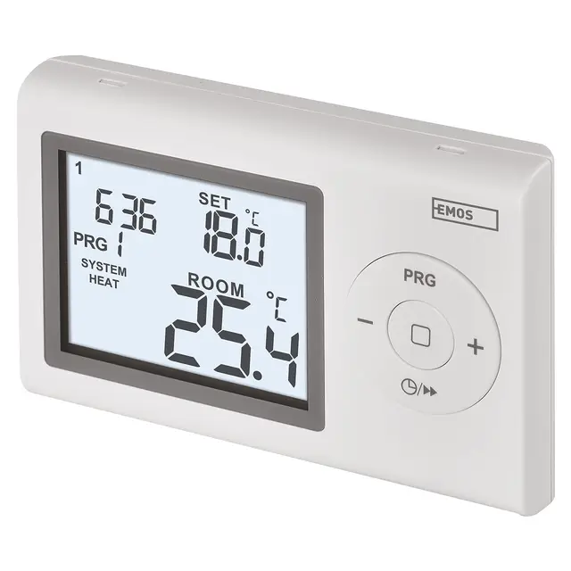 EMOS - Thermostat numérique avec écran LCD - Filaire programmable - Chauffage/climatisation - Plage température 5-35 °C - Montage en Surface - Protection Protection antigel - Pile Incluse - Blanc