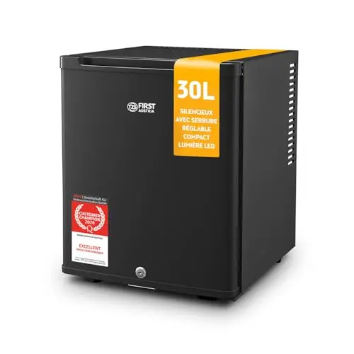 TZS First Austria - Mini réfrigérateur 30L complètement silencieux - Petit mini-frigo avec porte réversible et lumière intérieure - Minibar pour camping, bureau, chambre & hôtel - Noir mat