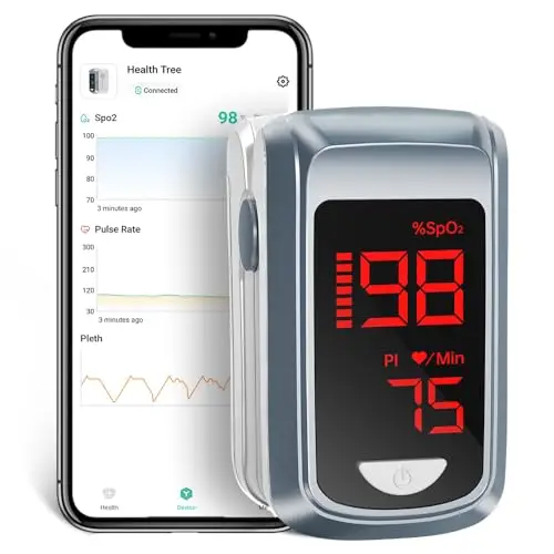 Oxymètre de Pouls Connecté Bluetooth, Saturomètre Intelligent, Surveillance Continue SpO2/PR/PI, Écran OLED Rotatif 4 Directions, Alarme Vibrante/Sonore, pour Sportifs et Patients Respiratoires
