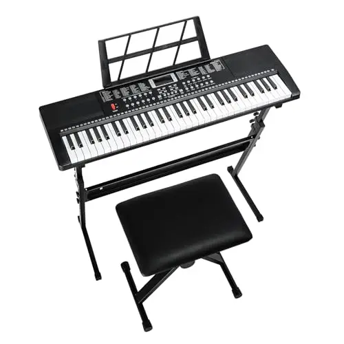 LEADZM Clavier Piano 61 Touches, Piano Numérique avec Support de Clavier, Banc de Piano, Pupitre, Casque, Microphone, Écran LED, 3 Modes D'apprentissage pour Débutants (Noir)