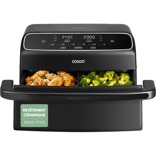 COSORI Air fryer TwinFry Compact 8,6 L, friteuse à air, revêtement céramique sans PFAS, 4 résistances sur 2 niveaux, 6 fonctions, double panier avec séparateur amovible, 35-240 °C, 2700 W