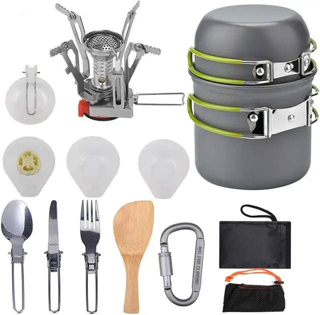 Padarsey O2-3 Batterie de cuisine de camping 1 à 2 personnes avec couteau et fourchette pliants, poêle et poêle portables, randonnée pour pique-nique et camping