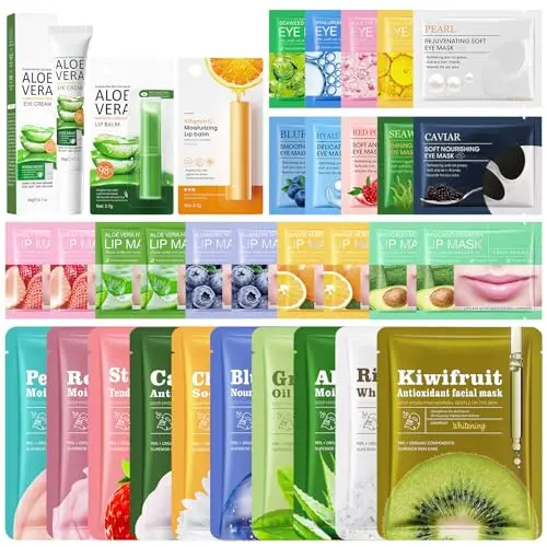 33 masques faciaux en tissu pour tous types de peau, masques hydratants et apaisants, patchs pour les yeux, masques pour les lèvres, baume à lèvres, crème pour les yeux, coffret cadeau pour femmes
