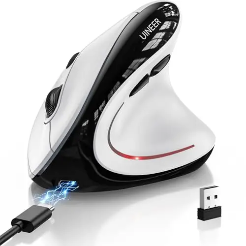 Uineer Souris Ergonomique Sans Fil, Souris Verticale Bluetooth Rechargeable avec Clic Silencieux, Éclairage RGB 7 Couleurs, 4 Niveaux DPI, Souris Multi-Appareils pour PC, Laptop, Mac, Bureau