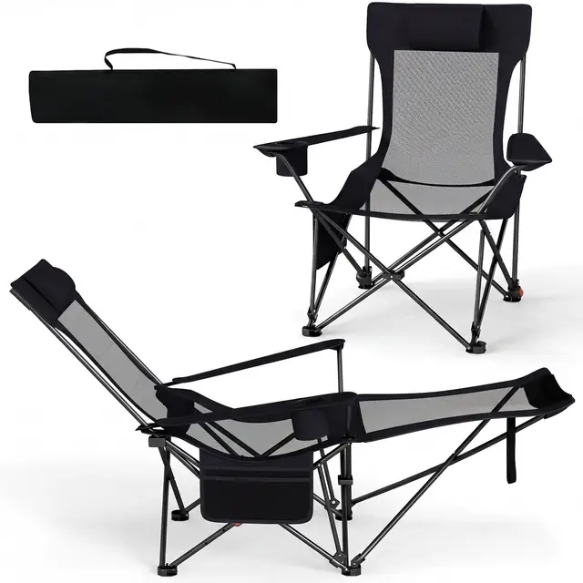 COSTWAY Chaise Pliante Camping, Chaise Longue Réglable sur 4 Positions, Repose-Pieds Amovible, Appui-Tête, Poche, Porte-Gobelet, Fauteuil Inclinable pour Plage Pêche Bureau, Charge 150KG (Noir)