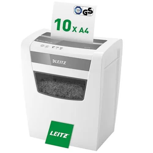 Leitz IQ 80090000 - Destructeur de documents Coupe Croisée - Home Office - Jusqu'à 12-10 feuilles (70-80 grs) - Sécurité P4 - Corbeille 23L, Blanc