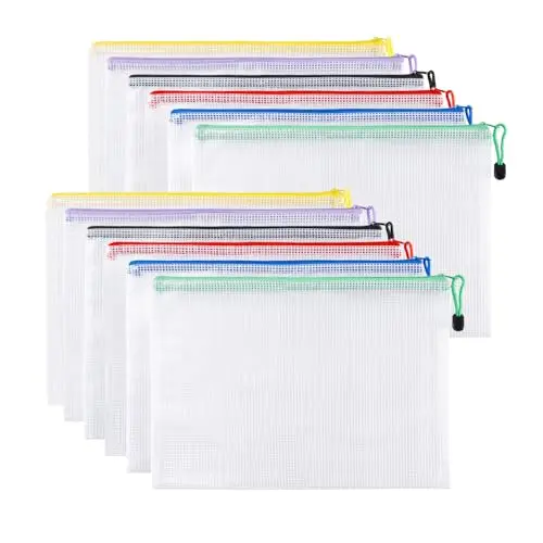 Carehabi Lot de 12 porte-documents A4 avec fermeture éclair - Étanche - En maille - Plastique - Pour documents, cosmétiques, accessoires de voyage