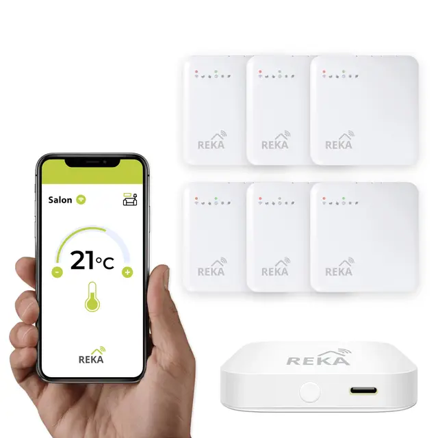 Thermostat pour radiateur Electrique Intelligente Connectée REKA - Contrôle Température Via Appli Tuya, Programmation, Détection Fenêtres Ouvertes - Compatible Assistants Vocaux (5, avec Passerelle)