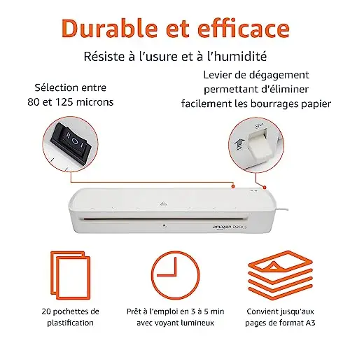Amazon Basics Plastifieuse thermique, format A3, 20 pochettes de plastification incluses, Blanc, Unie