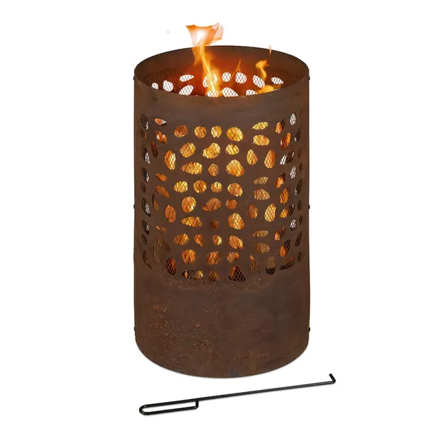 Relaxdays Brasero avec Pare-étincelles, tisonnier et Grille de Foyer, extérieur, H x D : 60x37 cm, Acier Corten, Marron