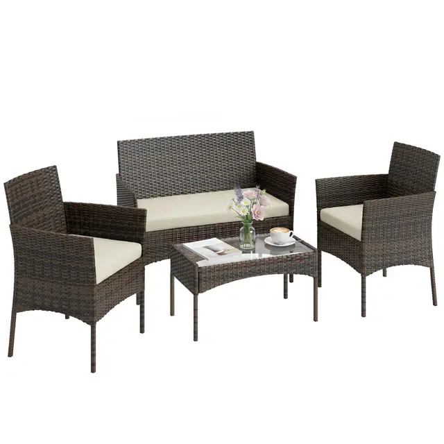 Outsunny Salon de Jardin extérieur 4 Personnes, Salon de Balcon en résine tressée avec canapés et Table Basse en Verre trempé, Coussins déhoussables Inclus, pour Patio Balcon terrasse, Beige