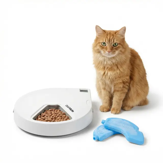 Cat Mate C500 Mangeoire Automatique à 5 Bols Avec Minuterie Numérique Pour Aliments Humides et Secs de Compagnie, Avec Deux Blocs de Glace, Blanc