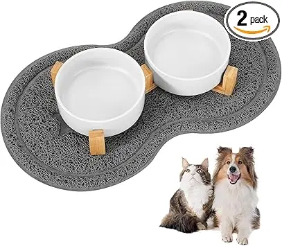 Gamelle pour Chien, 400ML 2 Pièces Gamelle Chien Chat Surelevee Céramique avec Support en Bambou et Tapis Antidérapants pour Chiens de Petite et Moyenne Taille (Blanc)