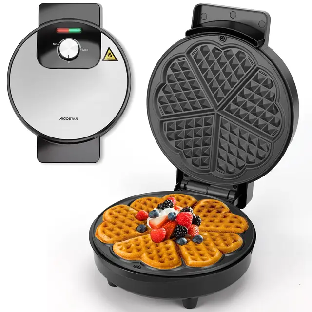 Aigostar Gaufrier pour 5 Gaufres en Forme de Cœur, 1000W, Plaques Antiadhésives de 19 cm, Température Réglable, Indicateur LED, Poignée Froide au Toucher, Design Compact en Acier Inoxydable, Sans BPA