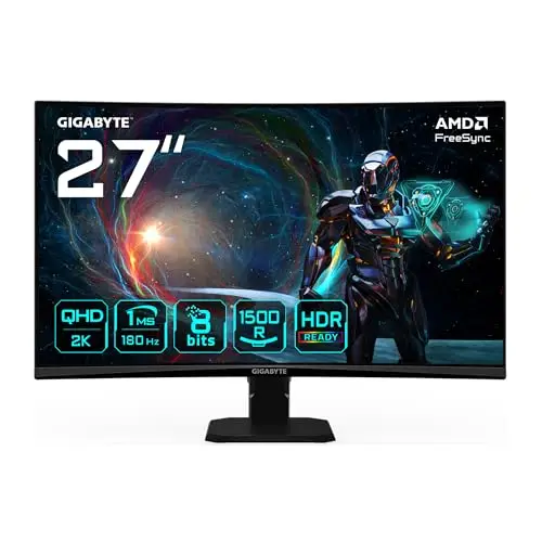 GIGABYTE GS27QCA 27" Moniteur Gaming Incurvé QHD - 2560 x 1440, 180Hz, 1ms, 250 CD/m², FreeSync, HDR Ready, HDMI 2.0, DisplayPort 1.4