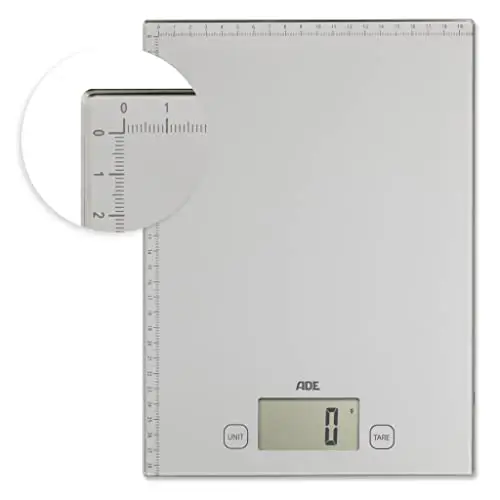 ADE Bridget Pèse-lettres numérique pour colis, Balances postales électroniques, Balances de cuisine avec surface de pesée XXL et règle centimétrique. Peser au gramme jusqu'à 20 kg. Argent | KE 1700