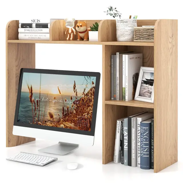GOPLUS Bibliothèque de Bureau en Bois avec Plusieurs Tablettes, Organiseur de Bureau avec Dispositif Anti-Basculement, 94 x 25 x 74 CM (Naturel, 94 x 25 x 74 CM|3 Bacs)