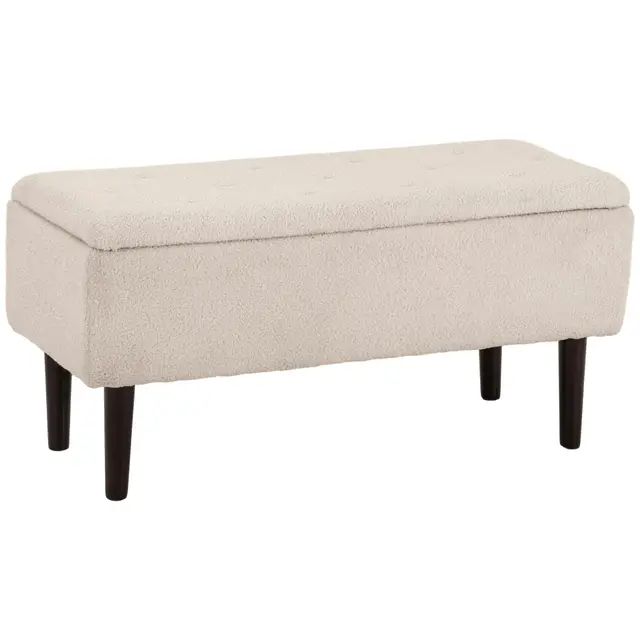 HOMCOM Banc de Rangement Coffre de Rangement Tabouret Repose-Pieds Surface en Tissu Effet Laine boucleé Pieds en Bois d'hévéa pour Salon Chambre entrée 95 x 38 x 45 cm Beige
