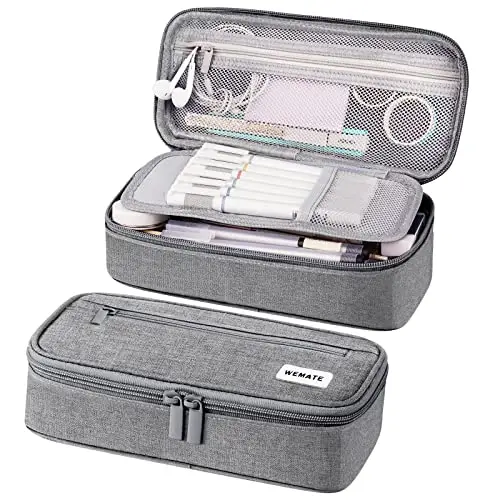 WEMATE Trousse Pliable Grande Capacité,Trousse Scolaire,Trousse à Crayons zippée en Toile,Trousse à Crayons Portable pour Le Bureau,pour Collège étudiants Fille Garçon Adolescent,Gris Clair