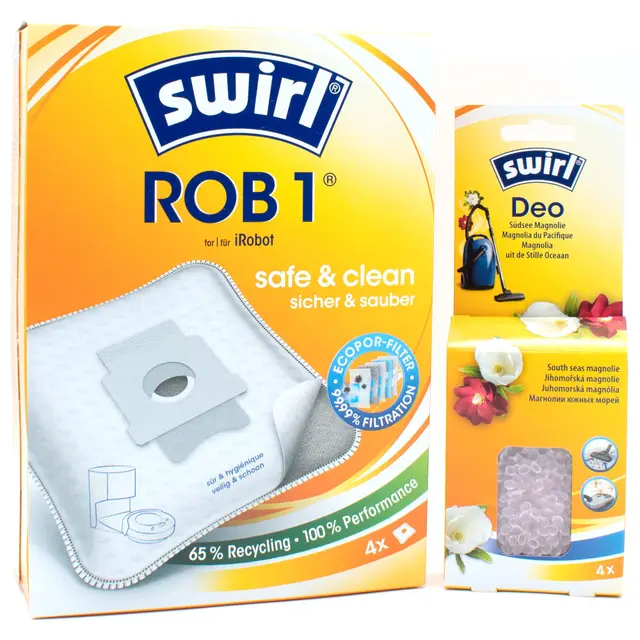4 Sacs D'aspirateur + Billes Déodorantes Compatible avec Roomba Mini Saug- & Wischroboter + AutoEmpty Dock | Compatible avec Swirl ROB1 - ROB 1 | 4 Sacs, Désodorisant, Accessoires, Pièces Détachées