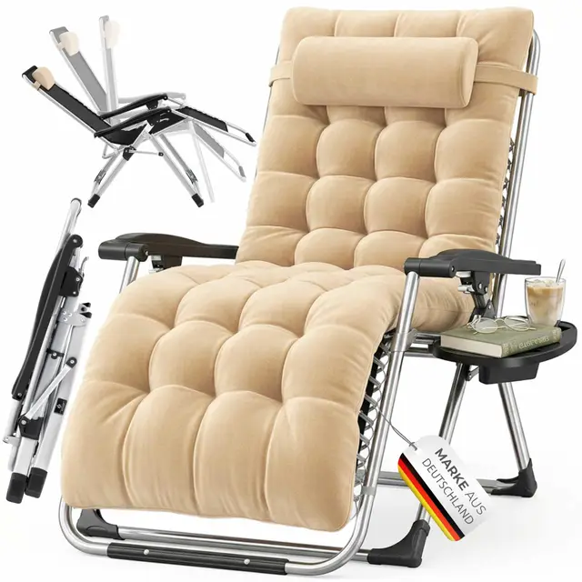 KESSER® Bain de soleil, Chaise longue de jardin, Coussin pour le cou + porte-boisson inc, coussin XXL, capacité 200kg, pliable & résistant aux intempéries, Chaise longue pliante Dossier réglable beige