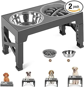 Gamelle Surélevée pour Chien, 4 Hauteurs Réglables, Gamelle INOX et Mangeoire Lente Anti-Glouton, Support Antidérapant Pliable pour Chiens de Toutes Tailles et Chats