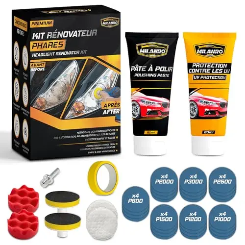 Kit de Rénovation Phare & Polisseuse Voiture - Lustreuse, Polish et Nettoyant pour Auto/Moto - Restauration Phare Opaque, Polissage, Protection Anti-UV, Papier à Poncer Inclus pour Finition Parfaite