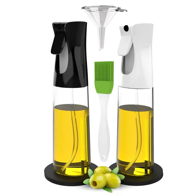 Lot de 2 vaporisateurs d'huile de cuisine de 300 ml + entonnoir + 2 supports antidérapants + pinceau | vaporisateur huile sans BPA (ne passent pas au lave-vaisselle)