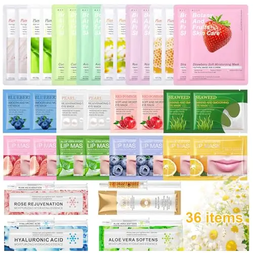 Masque Visage Coffret Beauté Femme, Cadeau de Soins de la Peau pour Fille, Amies, Mère | Multipack Beauté : 16 Face Mask, 8 Patch Yeux, 8 Masques à Lèvres, 4 Sérum | Pour Tous Les Types de Peau