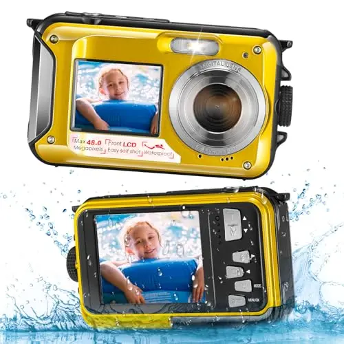 Cámara Digital Impermeable, Reomdara Appareil Photo Numérique Étanche, Caméra sous-Marine HD 2.7K 48MP avec Double Écran pour Snorkeling 3M pour Nager, Zoom Numérique 16X Anti-Secousse, Jaune