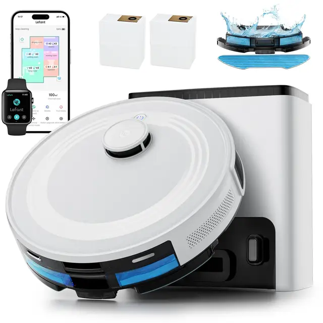 Lefant M2 Plus Robot Aspirateur Laveur avec Station Auto-Vidange 2,5L, 6000Pa, Navigation Laser dToF, Évitement PSD, Nettoyage Personnalisé, WiFi/App/Alexa, Idéal Poils d’Animaux, Tapis, Blanc