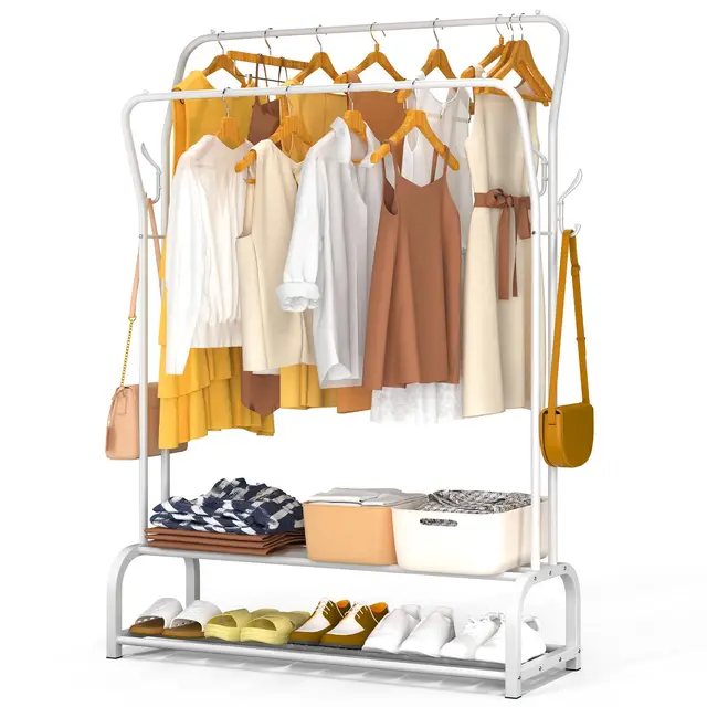 vounot® Portant à Vêtements avec Double Étagères à Chaussures et 4 Crochets Latéraux Penderie Vêtement Robuste en Métal pour Chambre Dressing et Entrée 110x35x146cm Blanc