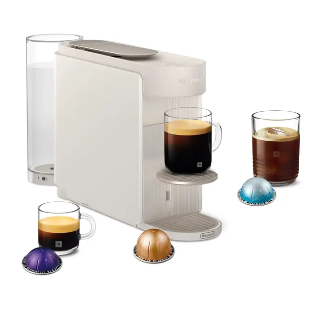 Nespresso De'Longhi Machine à Café Vertuo Up Blanc, Capsules café Vertuo seulement, Technologie Centrifusion, 5 Tailles de Tasses + Kit de Bienvenue, Design Compact, Arrêt Automatique, ENV200.W