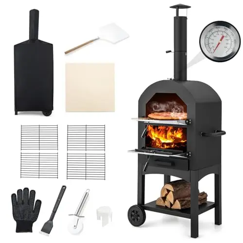 GYMAX Four à Pizza Extérieur 162cm à Bois ou à Pellet, Cuisson Facile avec Thermomètre, Pierre à Pizza, Grilles, Pelle, Accessoires Complets, pour Camping, Fêtes, Barbecues