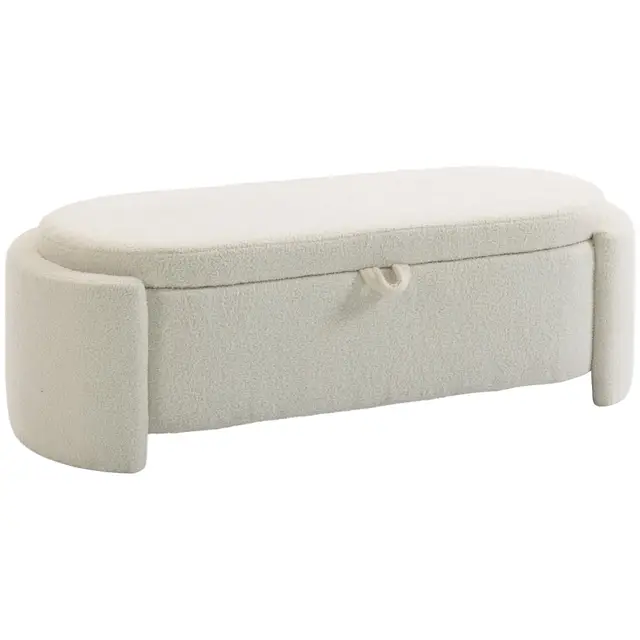 HOMCOM Banc de Rangement, Bout de lit Ovale, Repose-Pieds rembourré en Polaire Teddy avec Assise Large, Charge 200 Kg, Coffre de Rangement pour Salon, Chambre, entrée, 129 x 48,5 x 44 cm, crème