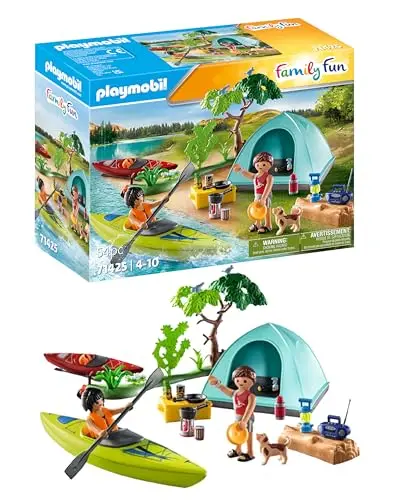 Playmobil 71425 Famille et Tente - Family Fun - des Vacances partagées dans la Nature - Comprend Deux Personnages, Deux canoës, Une Tente, Un feu de Camp et des Accessoires - Dès 4 Ans